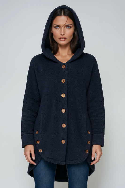 Abrigo de peluche para mujer con capucha y botones – LURENA
