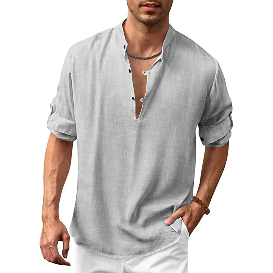 Camisa de manga corta para hombre con cuello alto y cierre parcial de botones – NERANO