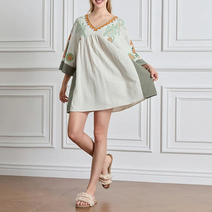 Vestido tipo túnica de mujer con escote en V y bordados decorativos – MABRIELA