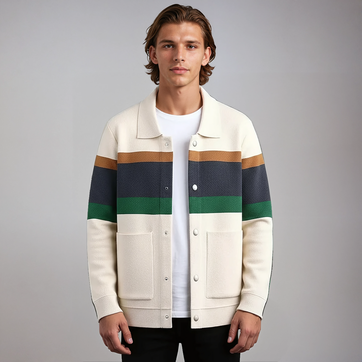 STRAVEN – Cárdigan de hombre con rayas de colores y cierre de botones