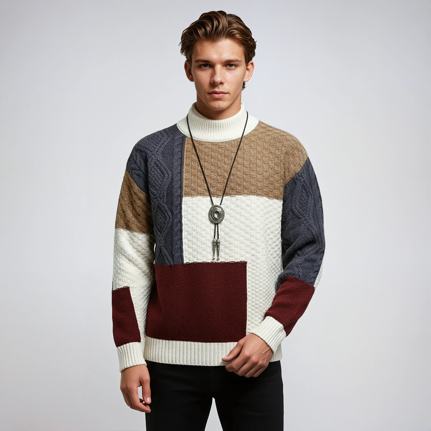 APOLLEN – Jersey de hombre con cuello alto y diseño patchwork moderno