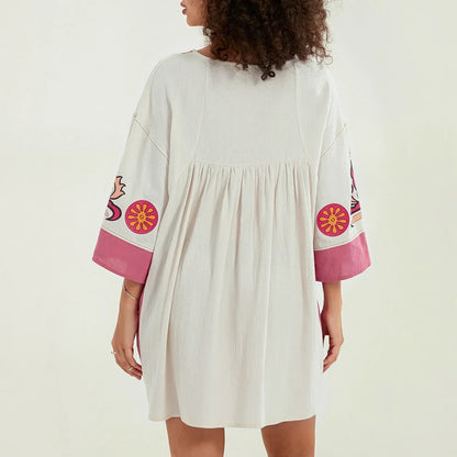 Vestido tipo túnica de mujer con escote en V y bordados decorativos – MABRIELA