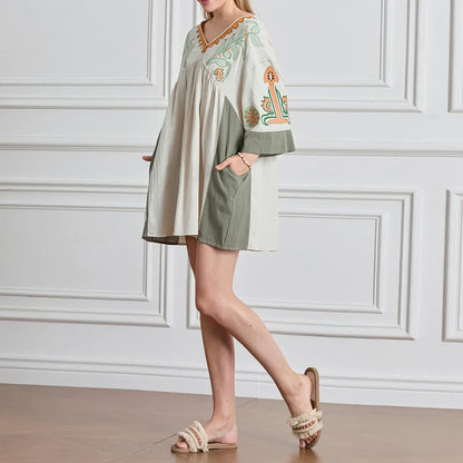 Vestido tipo túnica de mujer con escote en V y bordados decorativos – MABRIELA