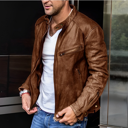 NIANDER - Chaqueta de cuero con múltiples bolsillos con cremallera para hombre