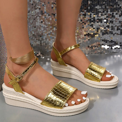 Violeta - Sandalias Doradas Plateadas de Estilo Simple con Suela Cómoda Tipo Cuña Para Mujer 2025