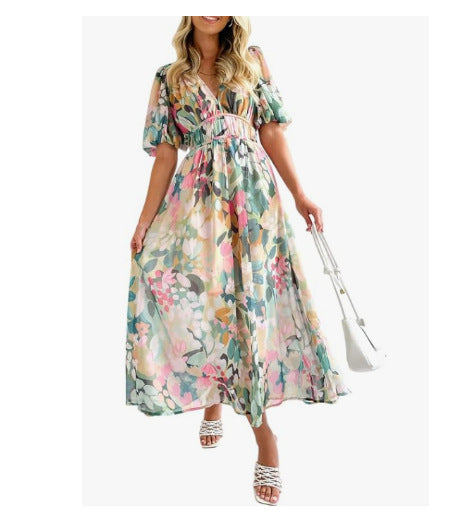 Vestido midi floral con vuelo romántico y escote cruzado – AMARELLA