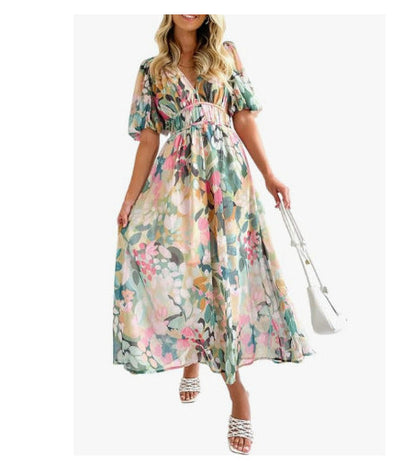 Vestido midi floral con vuelo romántico y escote cruzado – AMARELLA
