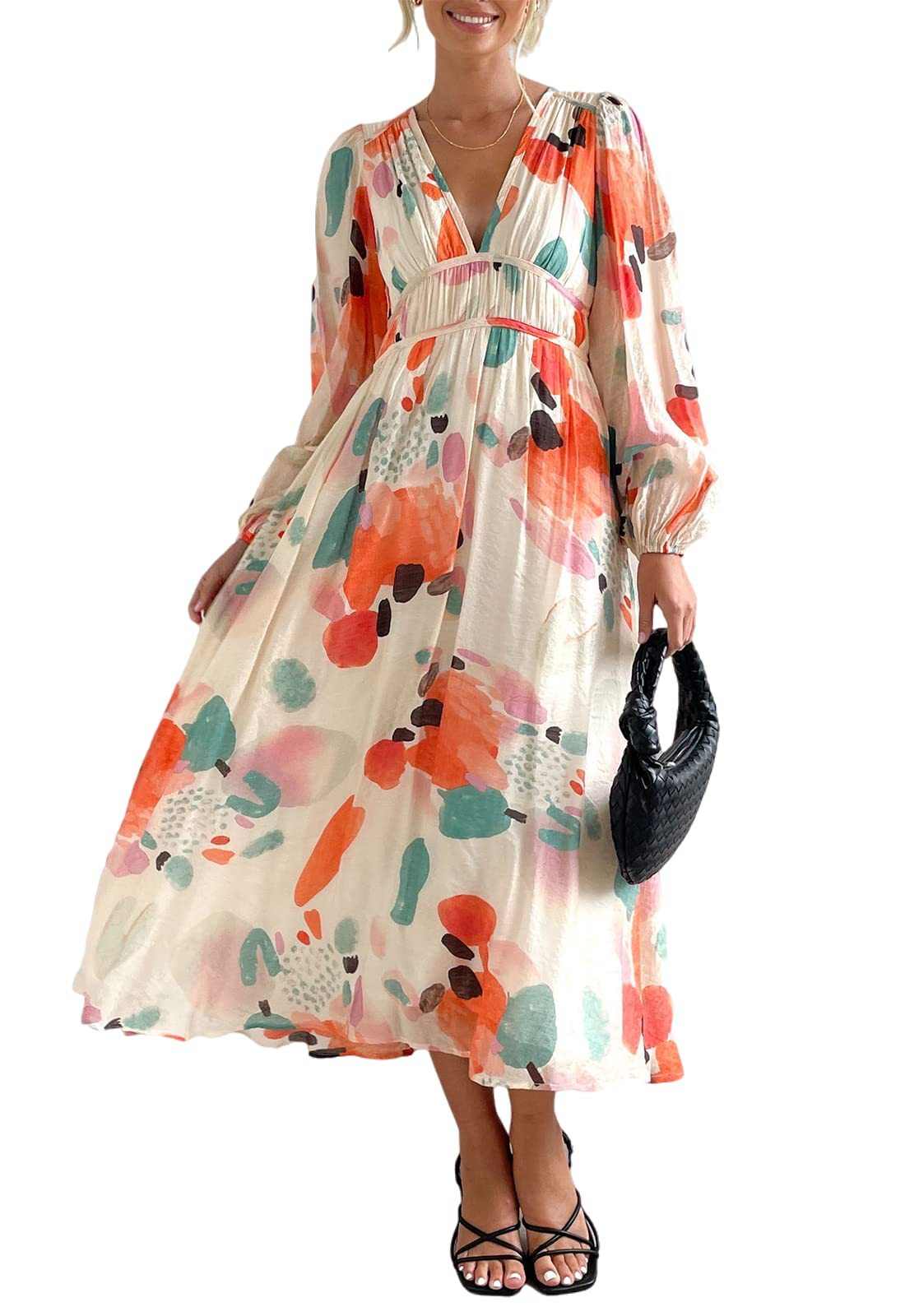Vestido midi floral con vuelo romántico y escote cruzado – AMARELLA
