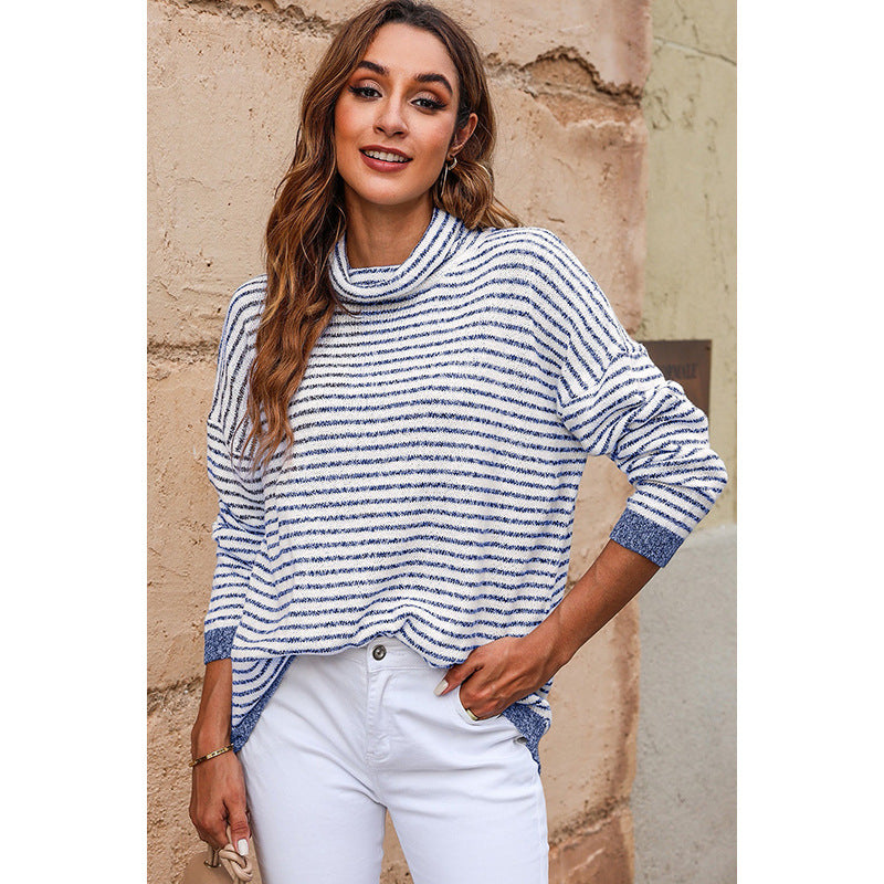 Jersey de rayas para mujer con cuello alto y mezcla de lana – AURENA