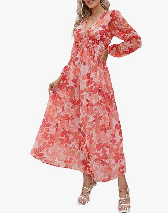 Vestido midi floral con vuelo romántico y escote cruzado – AMARELLA