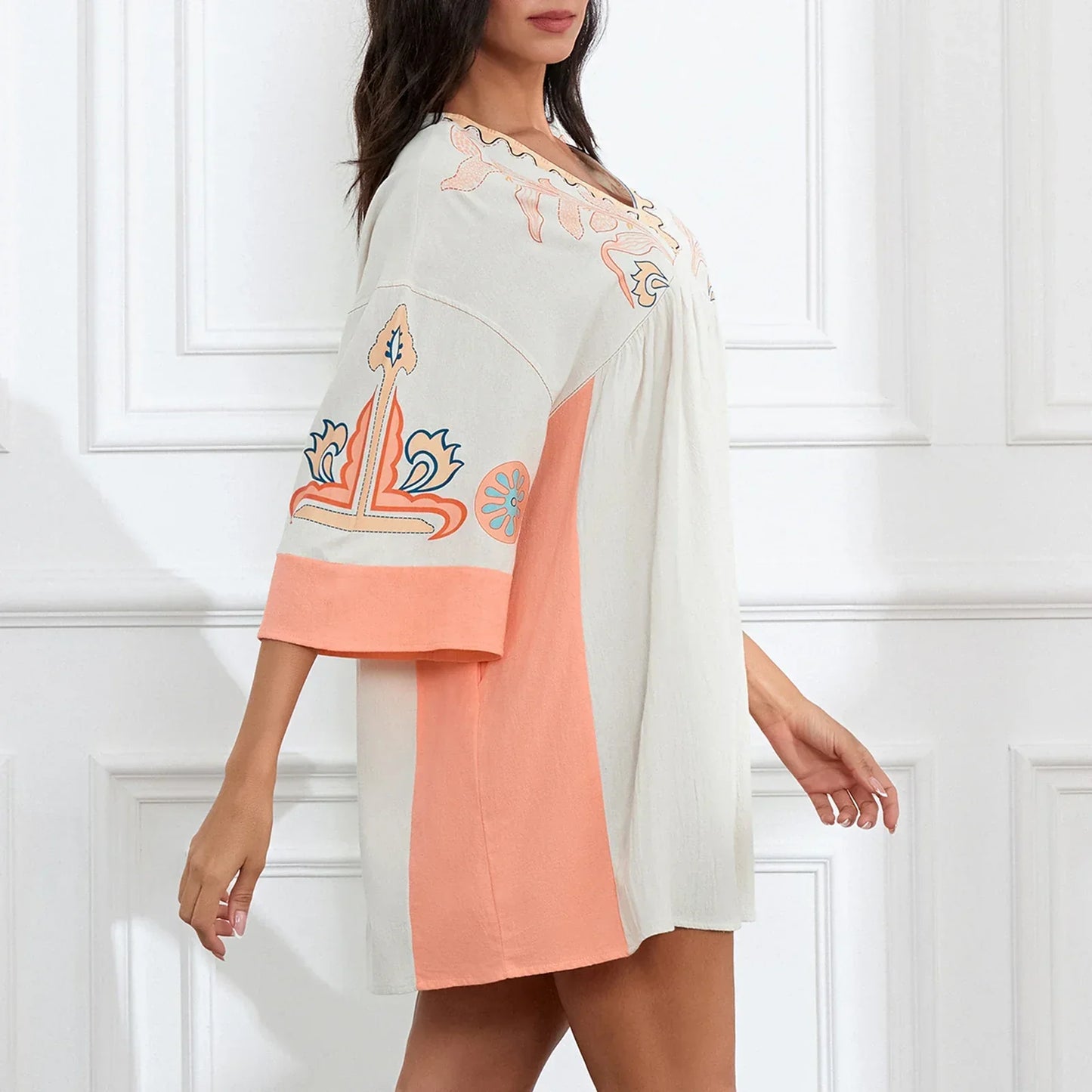 Vestido tipo túnica de mujer con escote en V y bordados decorativos – MABRIELA