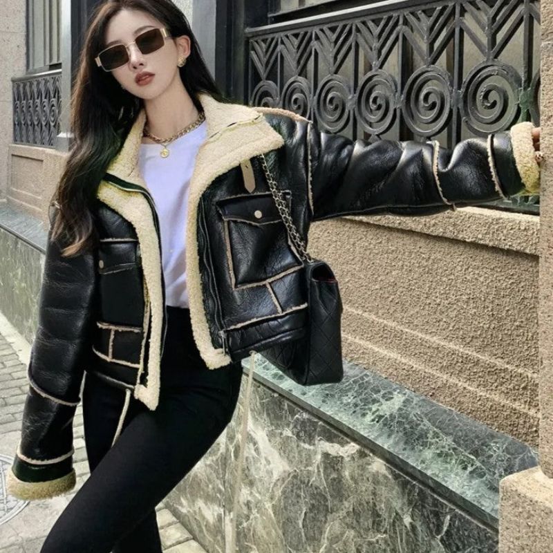 THALASSA - Chaqueta de cuero con cremallera, forro polar y bolsillos delanteros para mujeres