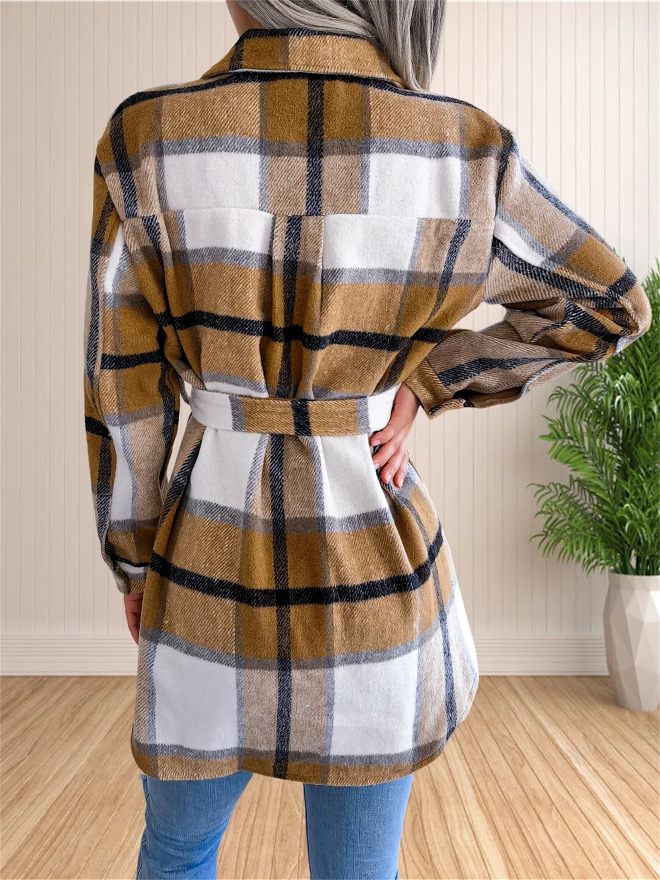 LUNE - Cálida chaqueta-camisa de franela a cuadros con cinturón para mujeres