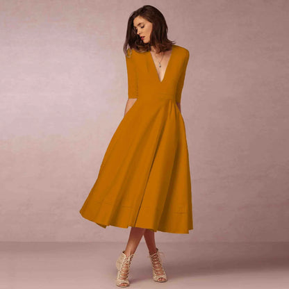 Vestido midi con escote en V y mangas al codo para mujer – MARIELA