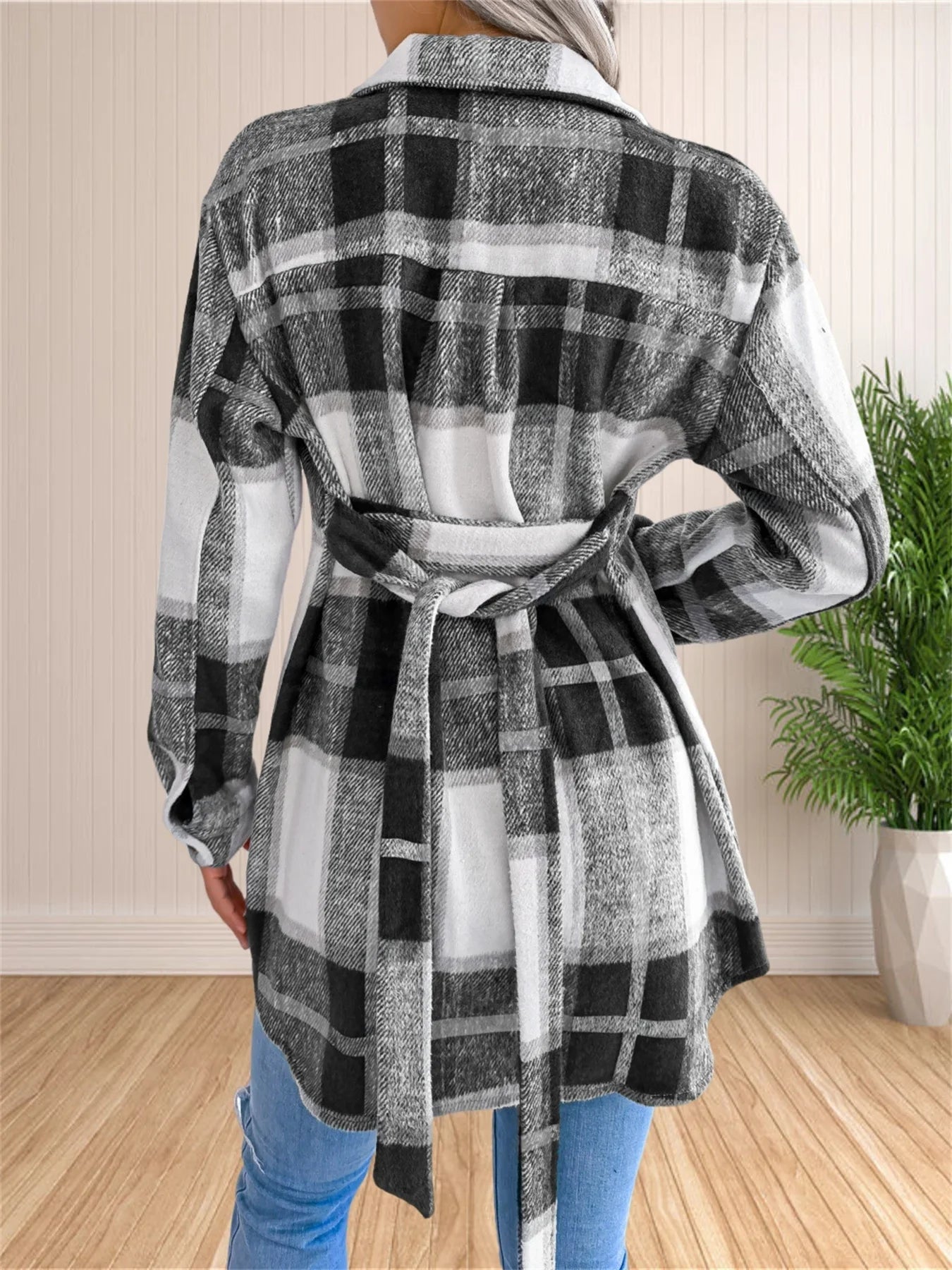 LUNE - Cálida chaqueta-camisa de franela a cuadros con cinturón para mujeres