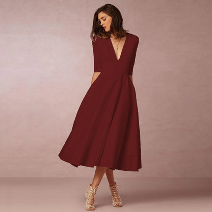 Vestido midi con escote en V y mangas al codo para mujer – MARIELA
