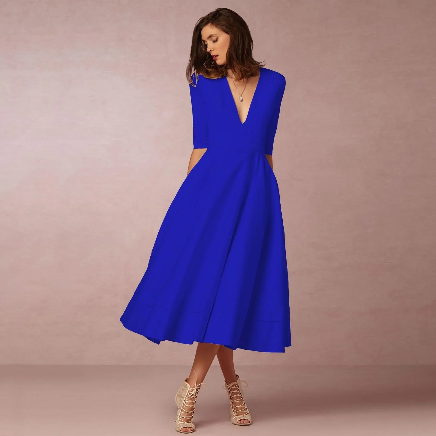 Vestido midi con escote en V y mangas al codo para mujer – MARIELA