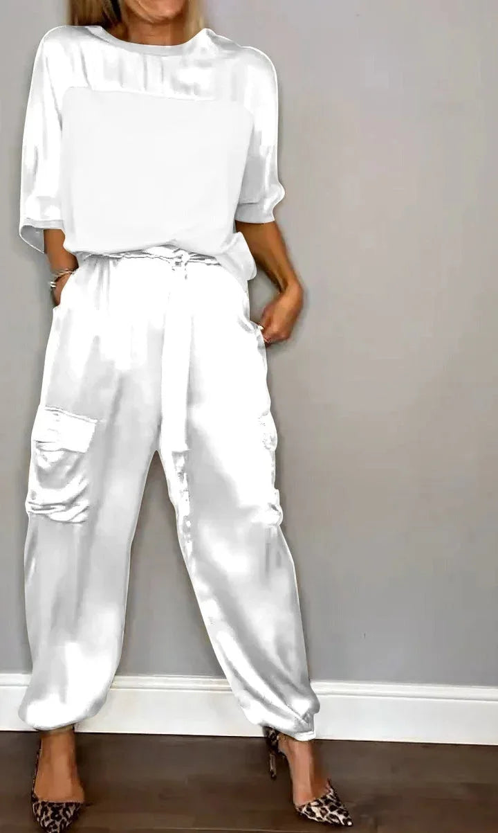 Conjunto satinado de dos piezas para mujer con top suelto y pantalón cargo – KALIA