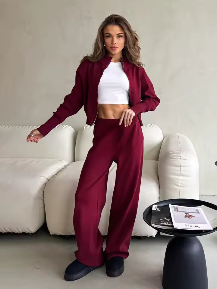 Conjunto de dos piezas para mujer con chaqueta de cremallera y pantalón ancho – LUNARIA