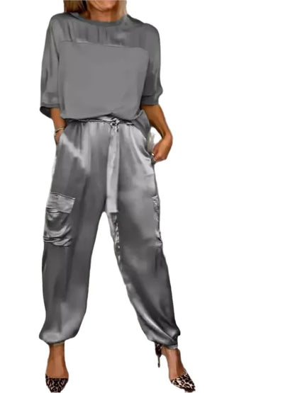 Conjunto satinado de dos piezas para mujer con top suelto y pantalón cargo – KALIA