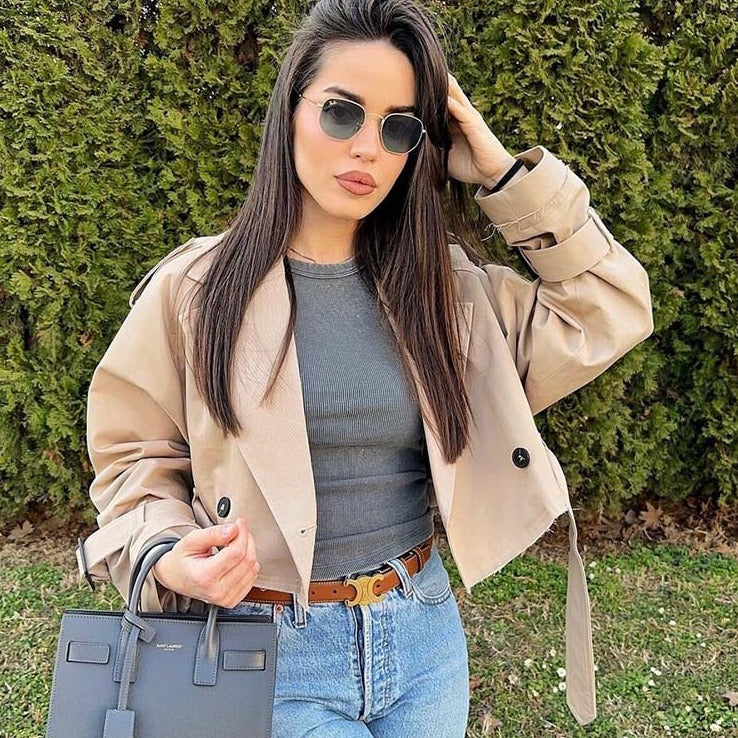 GYRIA – Chaqueta corta beige estilo trench para mujer