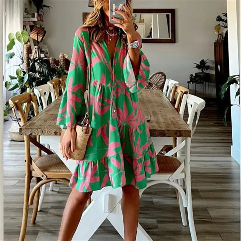 Vestido de Verano Corto con Estampado y Volante para Mujer – THEODELINDA