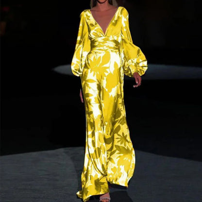 Vestido largo elegante con manga larga y escote en V – ARYA