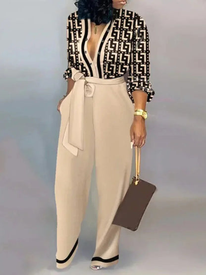 Mono largo y fluido con escote profundo y cinturón de lazo – SERENA