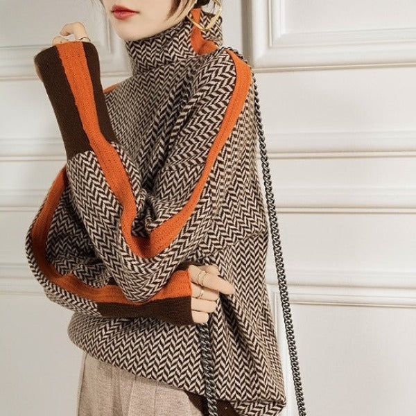 PENVARA – Suéter de mujer con cuello alto jaspeado y franja de contraste