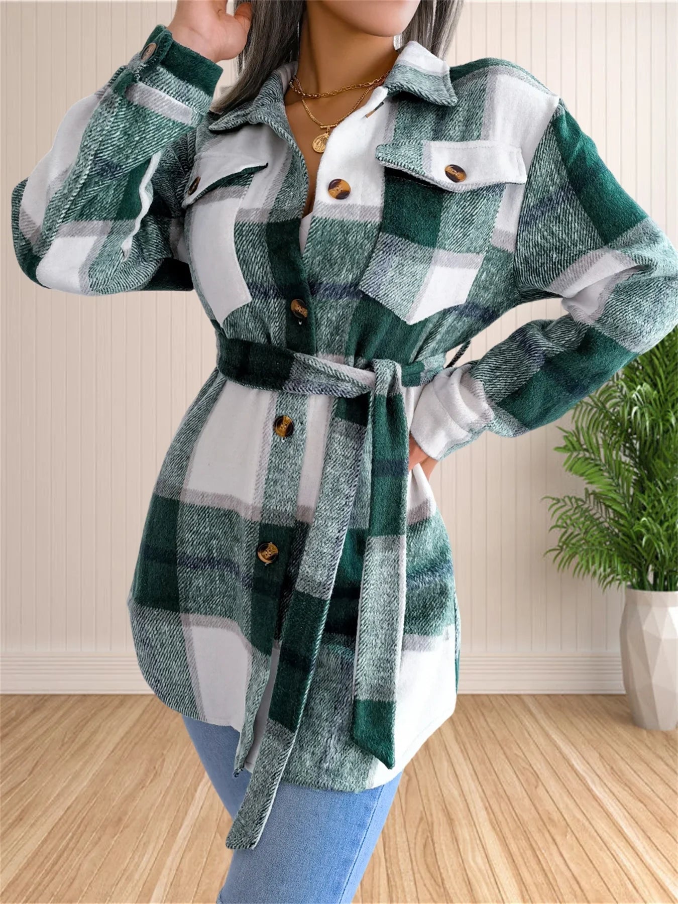 LUNE - Cálida chaqueta-camisa de franela a cuadros con cinturón para mujeres
