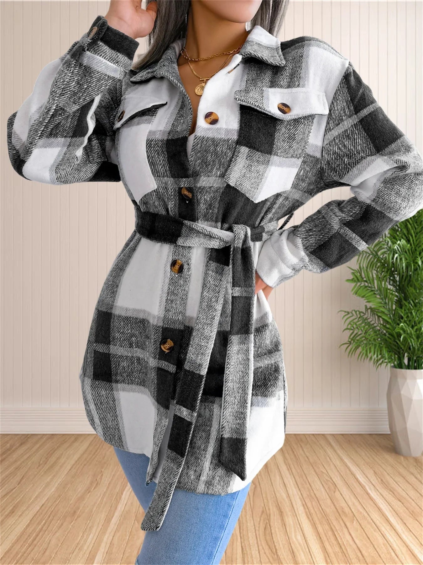 LUNE - Cálida chaqueta-camisa de franela a cuadros con cinturón para mujeres