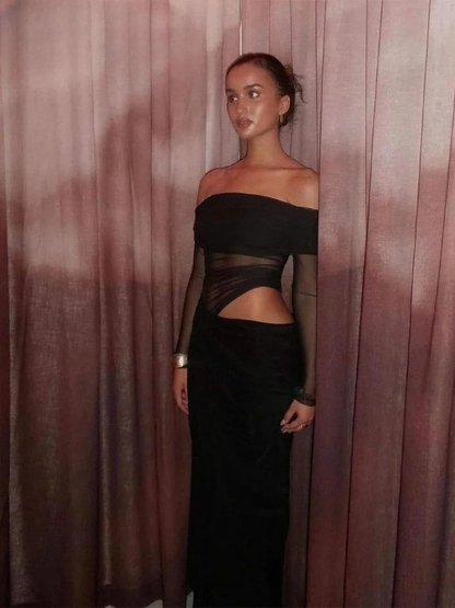 Vestido con hombros descubiertos y detalles de malla – ARLA