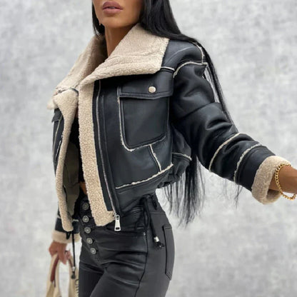 THALASSA - Chaqueta de cuero con cremallera, forro polar y bolsillos delanteros para mujeres