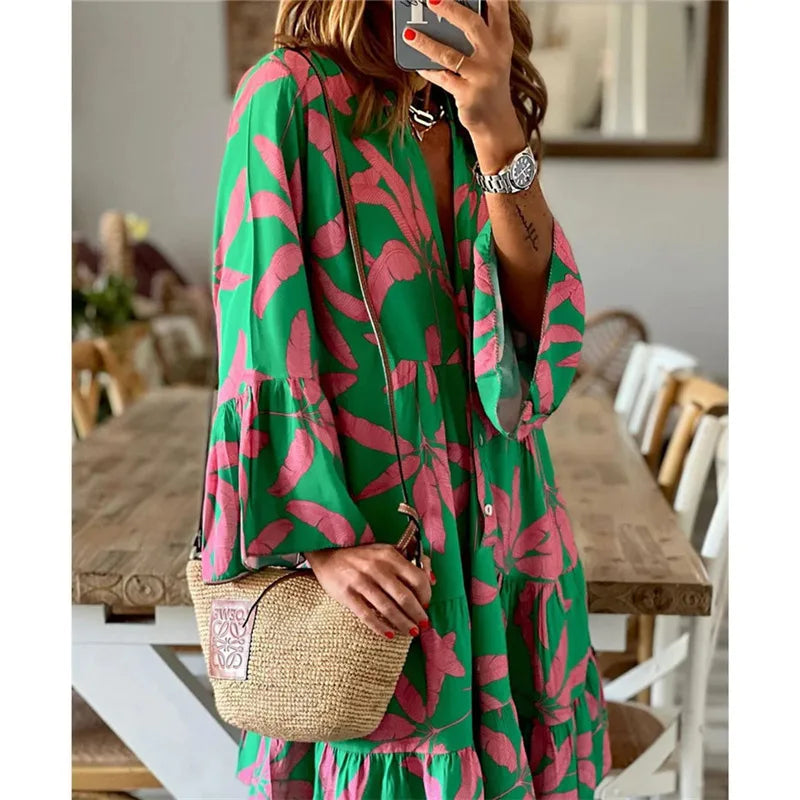 Vestido de Verano Corto con Estampado y Volante para Mujer – THEODELINDA