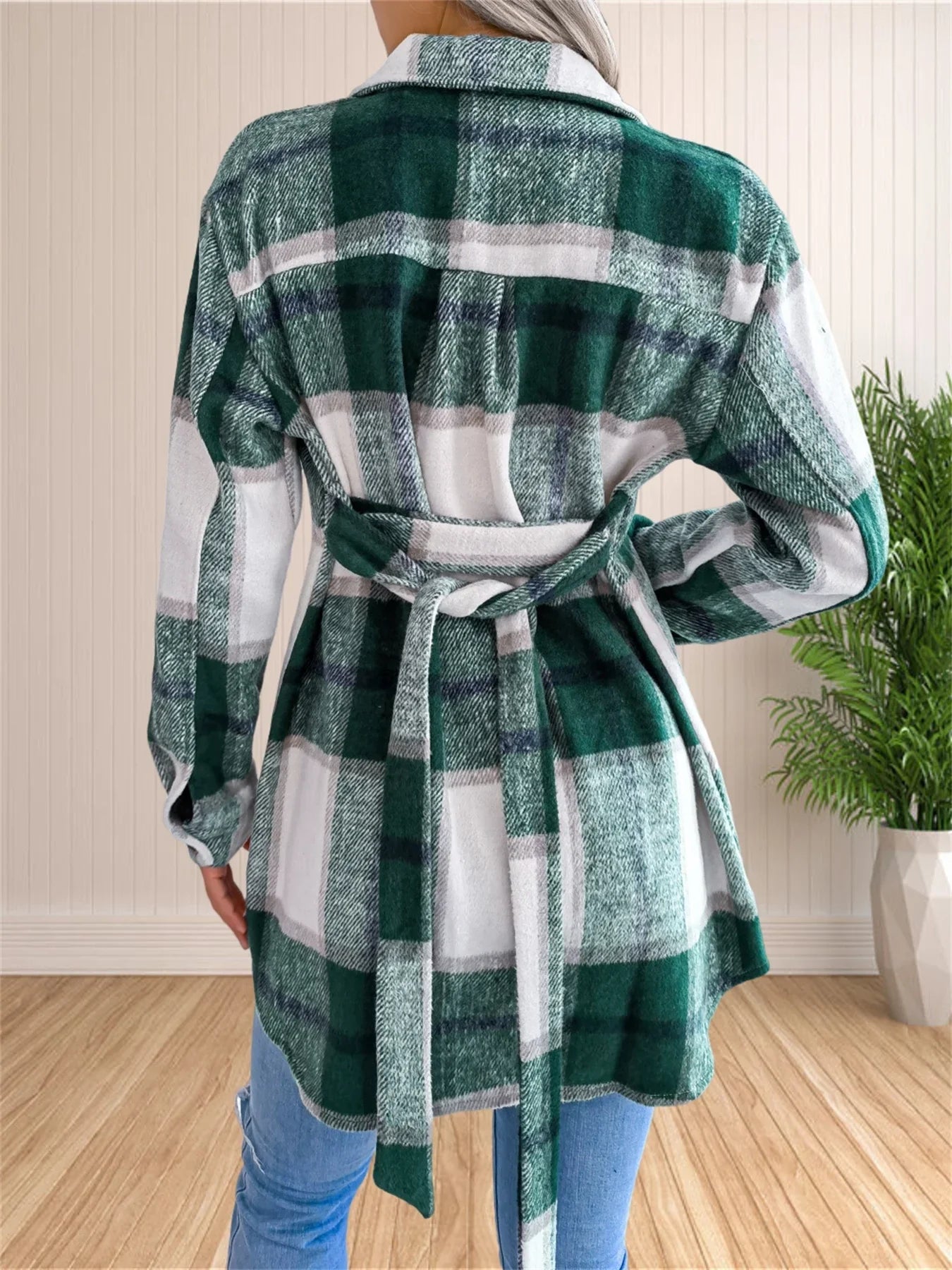 LUNE - Cálida chaqueta-camisa de franela a cuadros con cinturón para mujeres