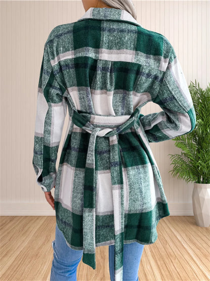 LUNE - Cálida chaqueta-camisa de franela a cuadros con cinturón para mujeres