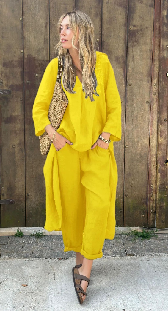 Conjunto de verano de dos piezas con top sin mangas y pantalón fluido – JUNA