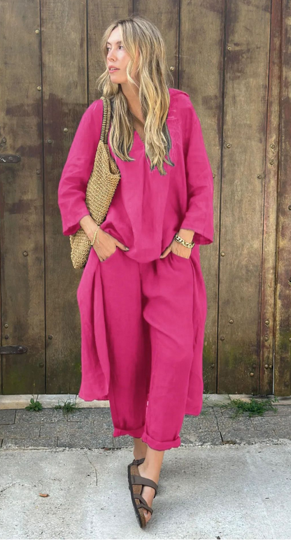 Conjunto de verano de dos piezas con top sin mangas y pantalón fluido – JUNA