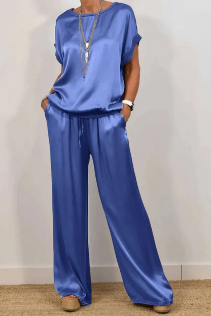 Conjunto satinado de dos piezas con top y pantalón – ZARELLE