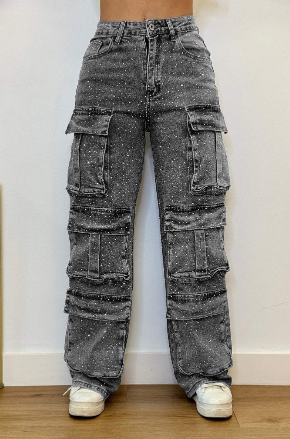 Pantalón cargo para mujer con efecto brillante y bolsillos – ROXIE