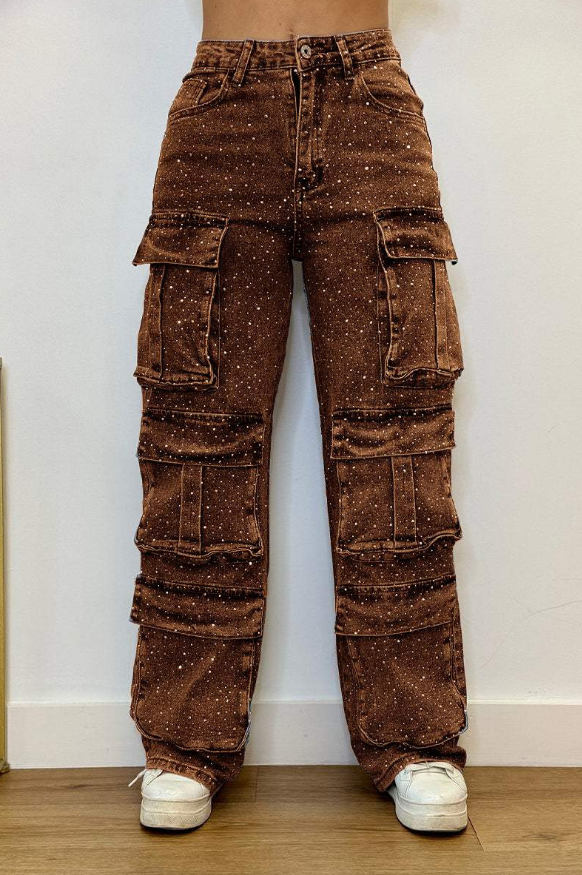 Pantalón cargo para mujer con efecto brillante y bolsillos – ROXIE