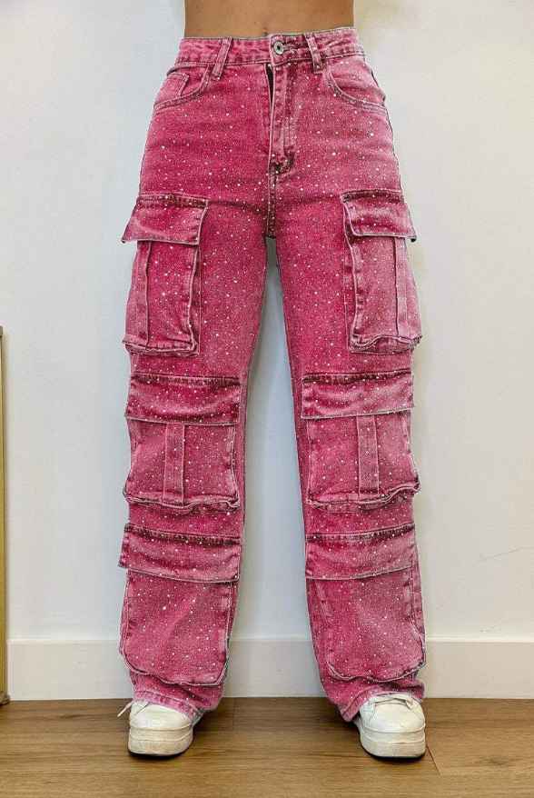 Pantalón cargo para mujer con efecto brillante y bolsillos – ROXIE