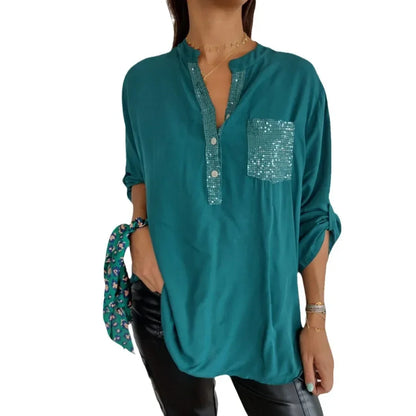 AMARA - Blusa casual con botones y detalles de lentejuelas para mujer