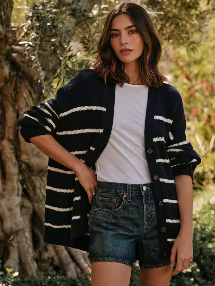 Cárdigan oversize de mujer con rayas y botones – SARELLE