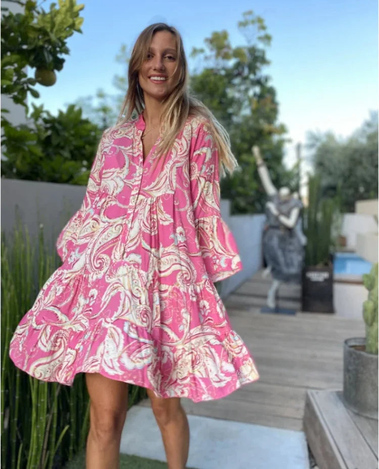 Vestido de Verano Corto con Estampado y Volante para Mujer – THEODELINDA