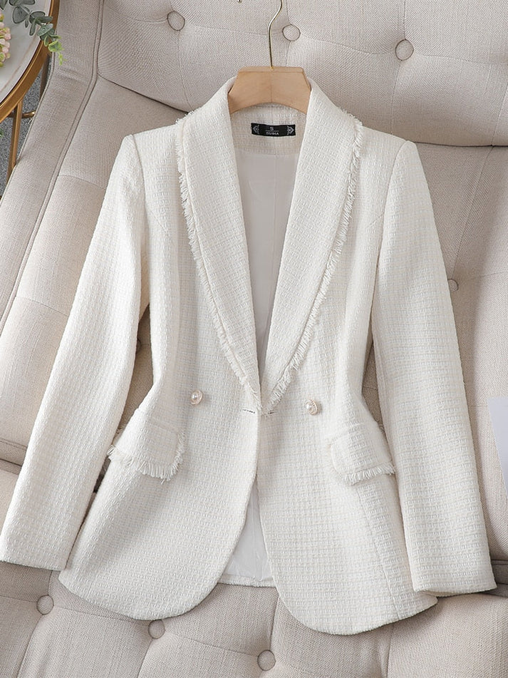 ROMOLA – Blazer estiloso con flecos y tela texturizada para mujer
