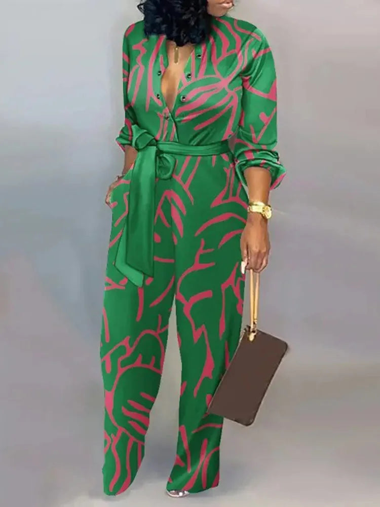 Mono largo y fluido con escote profundo y cinturón de lazo – SERENA