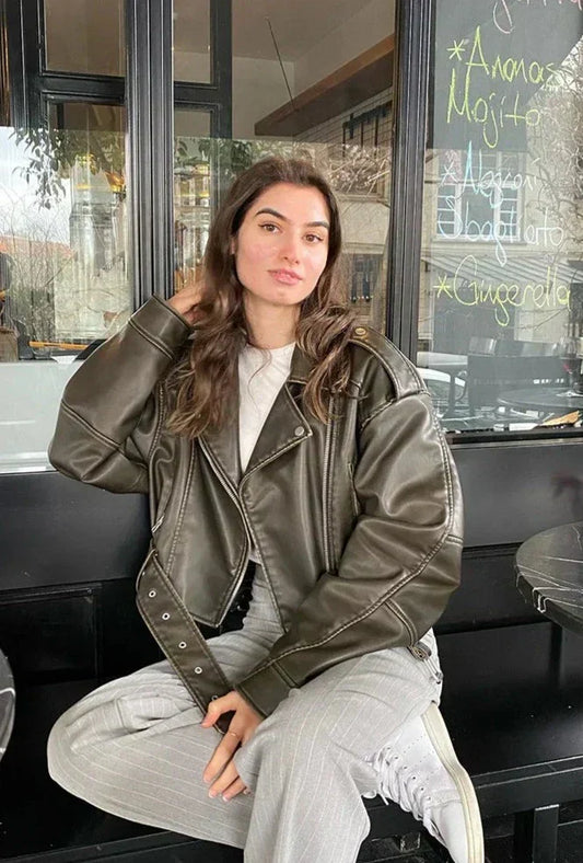 Cazadora biker oversize de polipiel con cinturón para mujer – ZARELLE