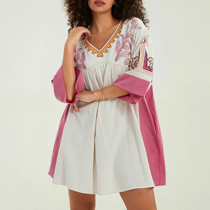 Vestido tipo túnica de mujer con escote en V y bordados decorativos – MABRIELA