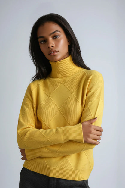 SKYRIA – Jersey de mujer con cuello alto y estampado de cuadros cálido